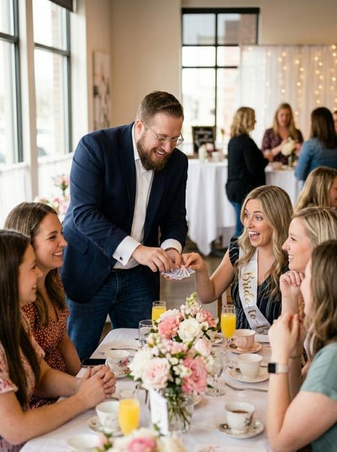Chris Wheel performing close-up magic at a bridal shower in Syracuse NY